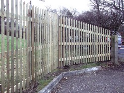 Wood stockade fencing with triangular palings